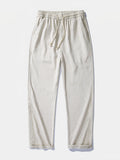 Pantalón recto de lino a rayas beige, cintura elástica y cordón ajustable