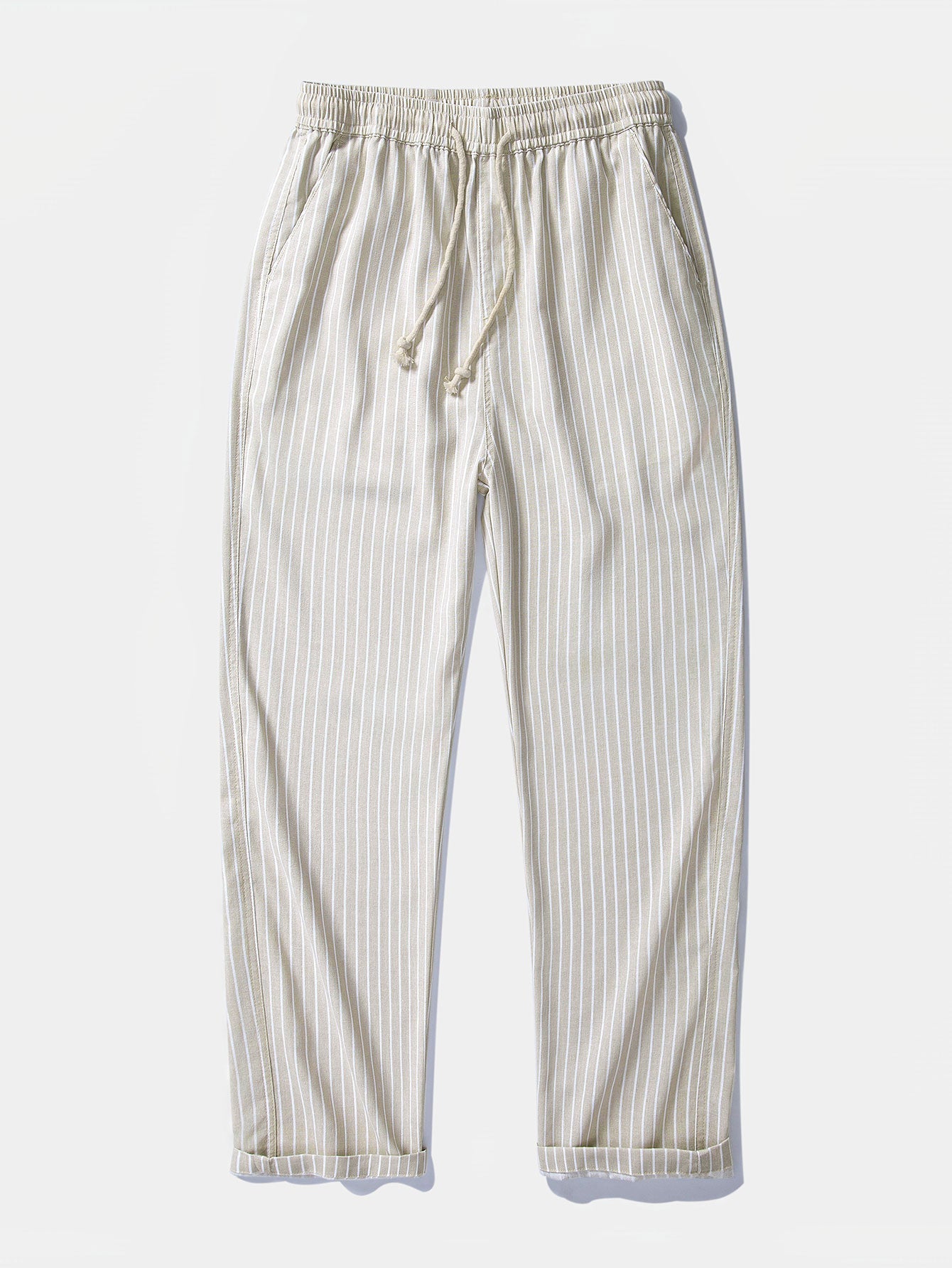 Pantalón recto de lino a rayas beige, cintura elástica y cordón ajustable