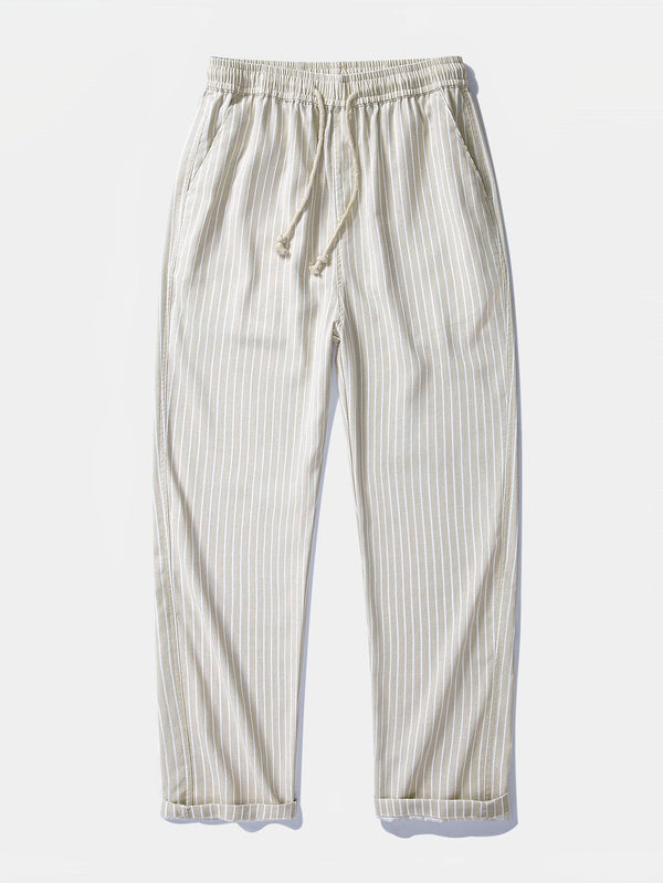 Pantalón recto de lino a rayas beige, cintura elástica y cordón ajustable