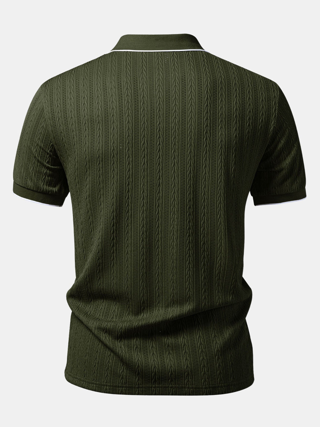 Polo de punto verde oscuro por detrás, manga corta, cuello y textura vertical
