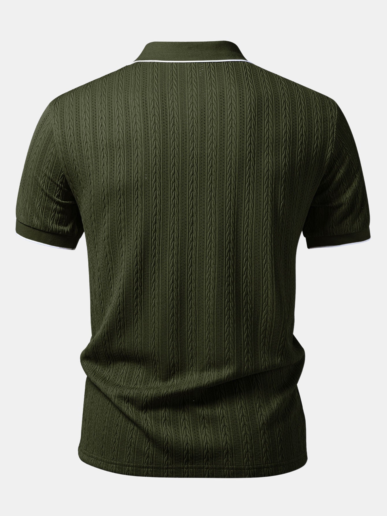 Polo de punto verde oscuro por detrás, manga corta, cuello y textura vertical