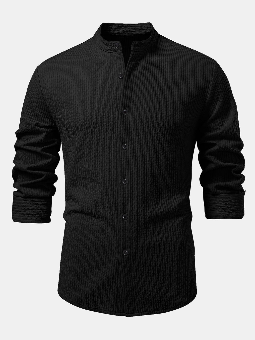 Camisa entallada negra de manga larga acanalada con botones y cuello de pie