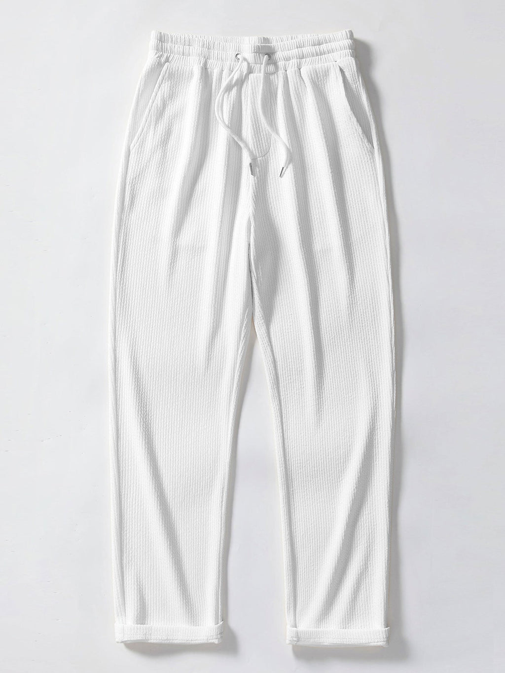 Pantalones rectos blancos acanalados con cintura elástica y cordón ajustable