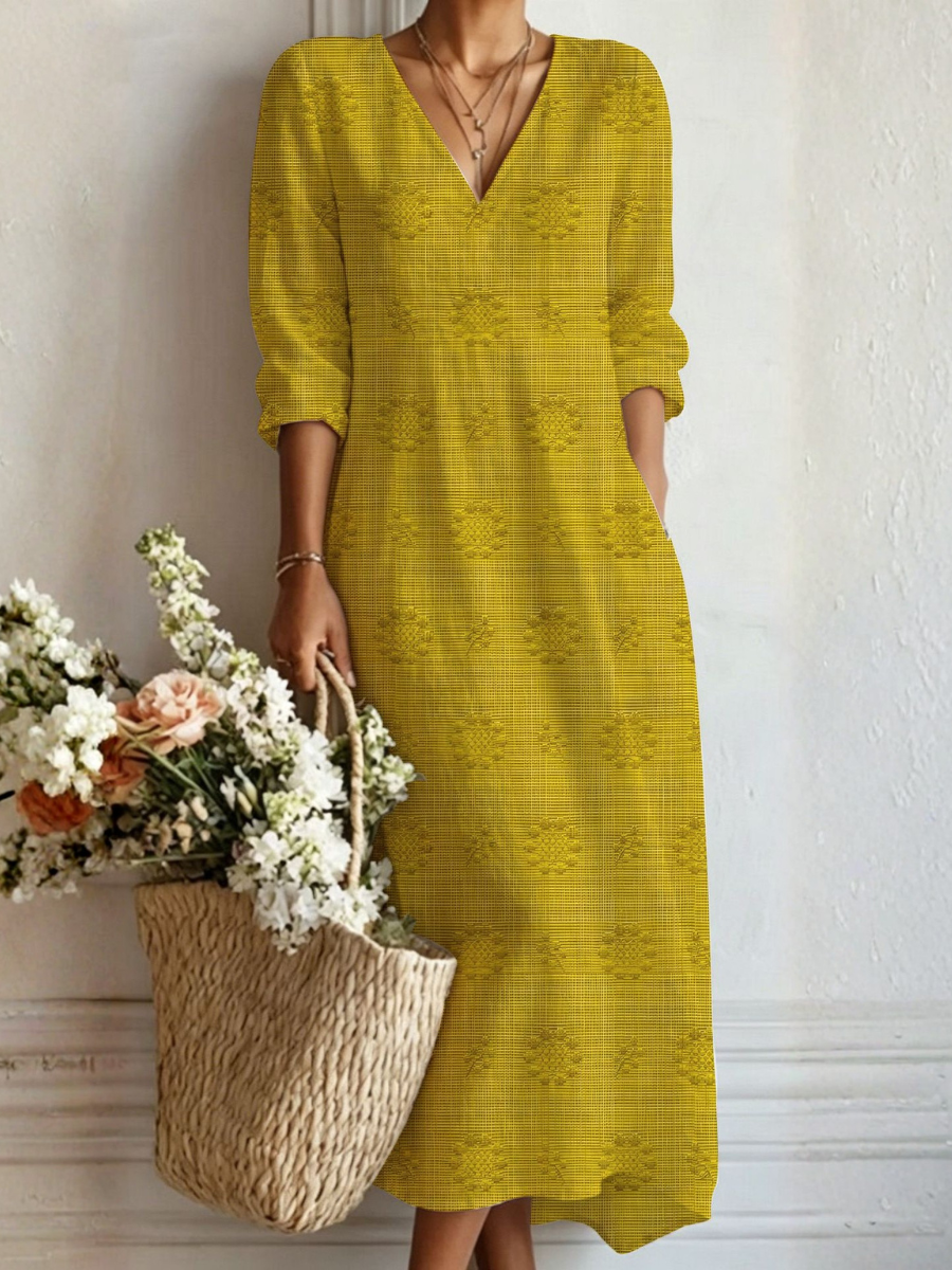 Vestido bohemio amarillo con escote en V y mangas 3/4