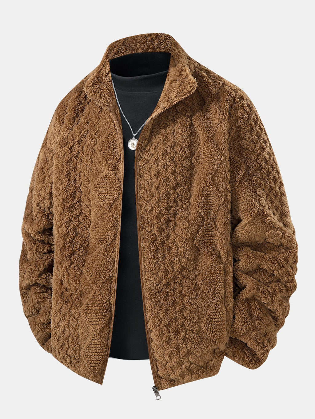 Chaqueta teddy jacquard marrón con cierre frontal y cuello alto abrigado