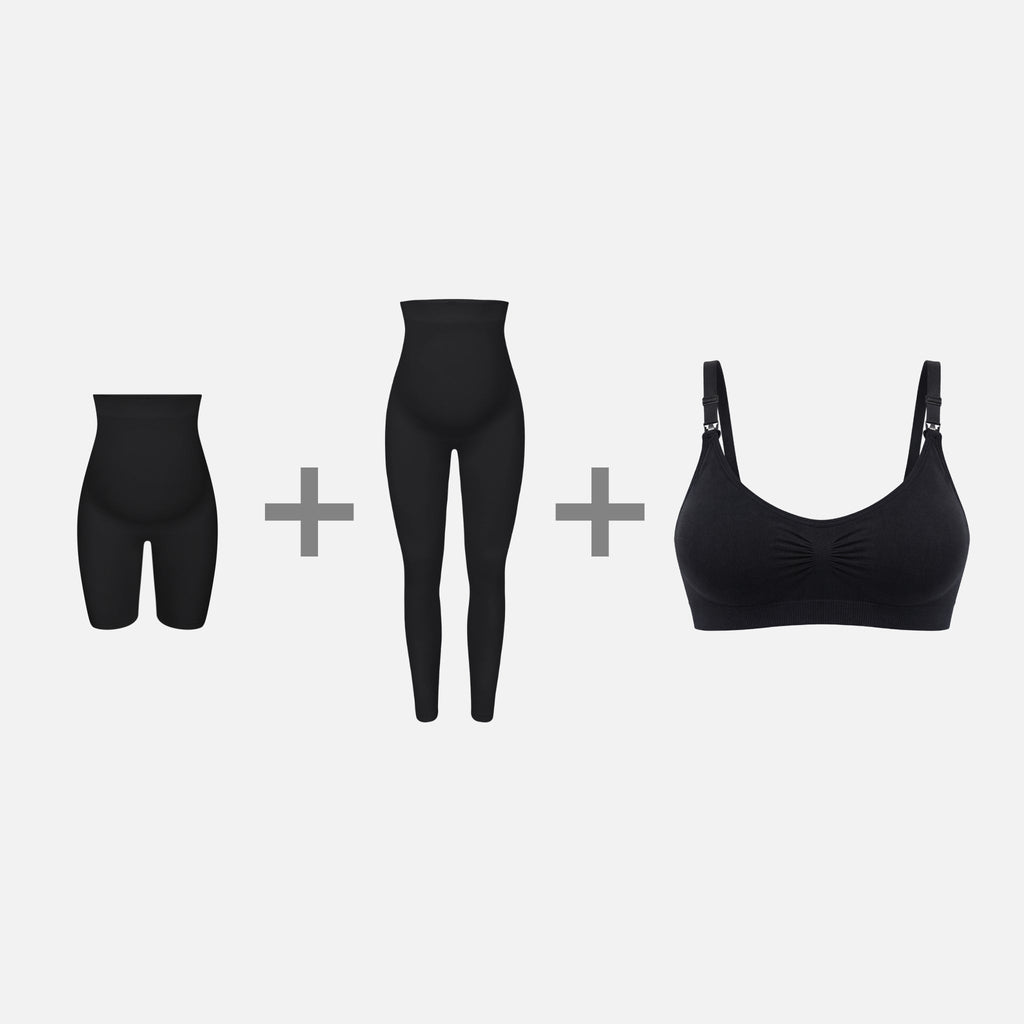 Conjunto de maternidad: shorts, leggings y sujetador negro