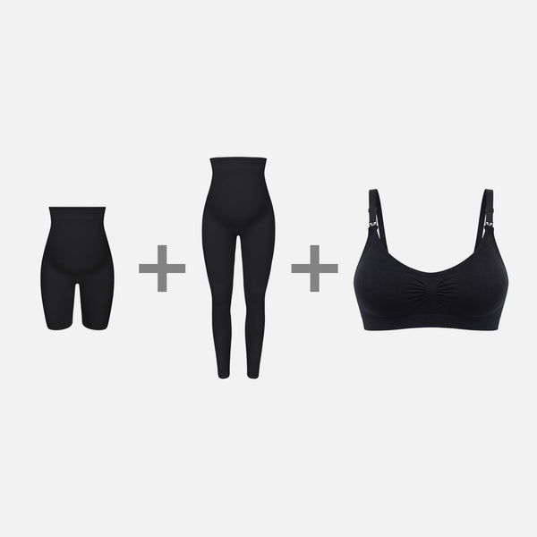 Conjunto de maternidad: shorts, leggings y sujetador negro