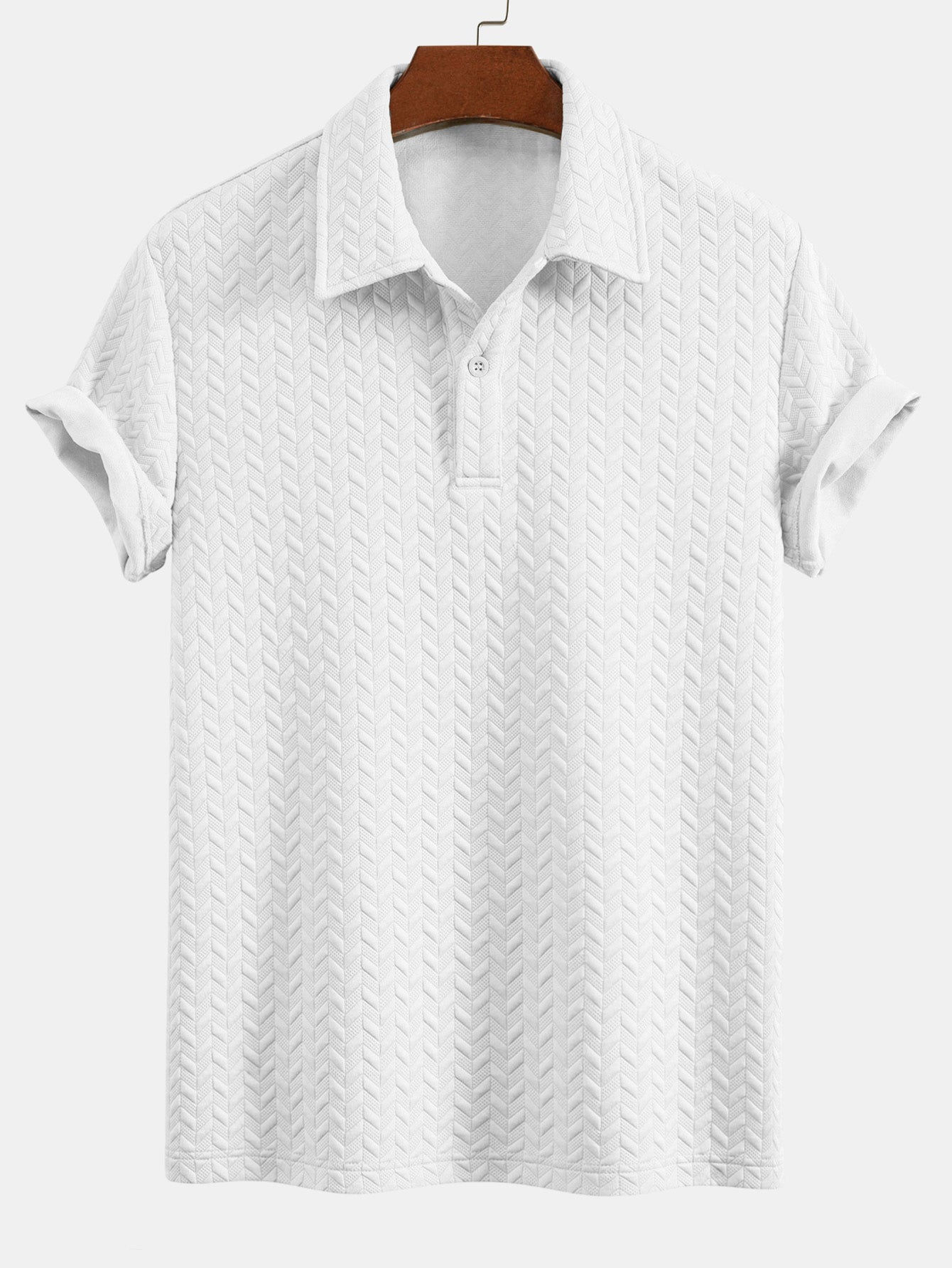 Polo de jacquard geométrico blanco, cuello con botones y manga corta