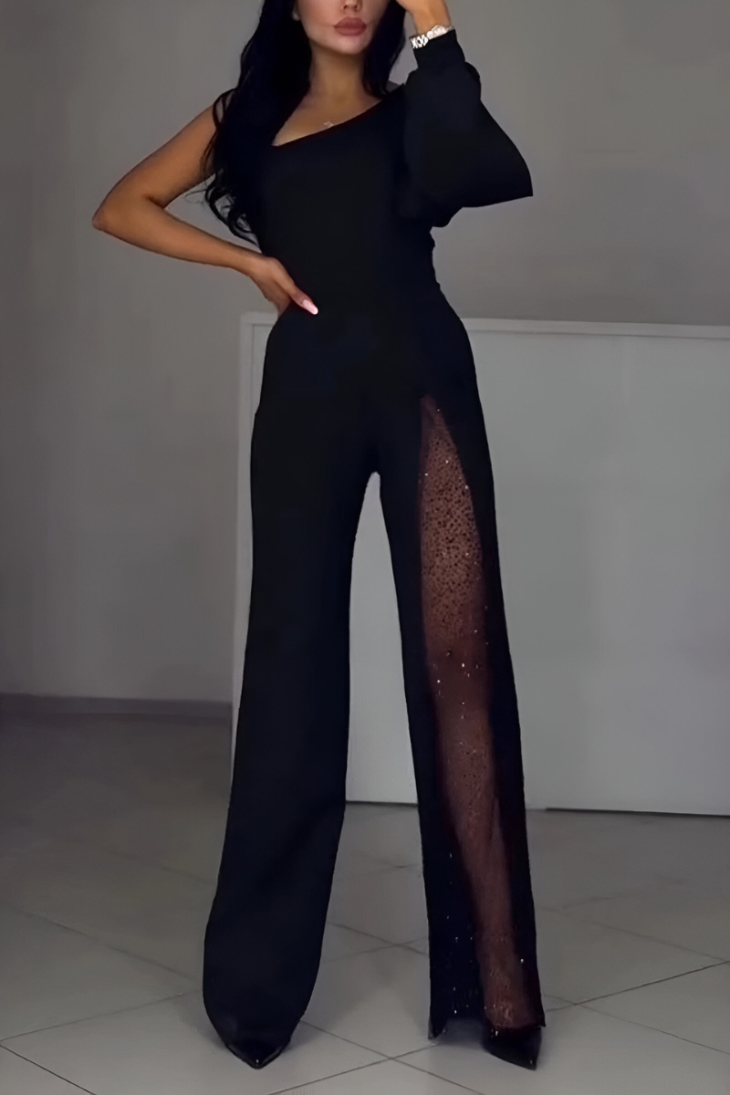 Mono palazzo negro con abertura lateral y panel de tul brillante en la pierna