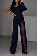 Mono palazzo negro con abertura lateral y panel de tul brillante en la pierna