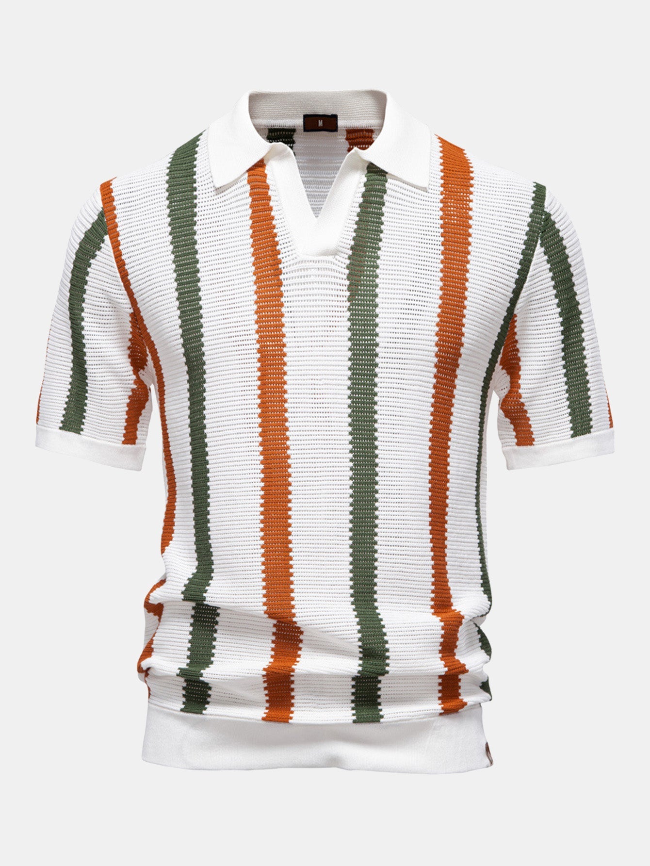 Polo de punto Firenze rayas verticales blancas, verdes y naranjas, cuello tipo V.