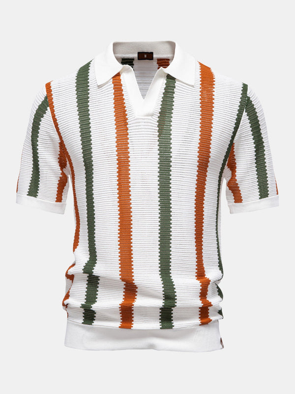 Polo de punto Firenze rayas verticales blancas, verdes y naranjas, cuello tipo V.