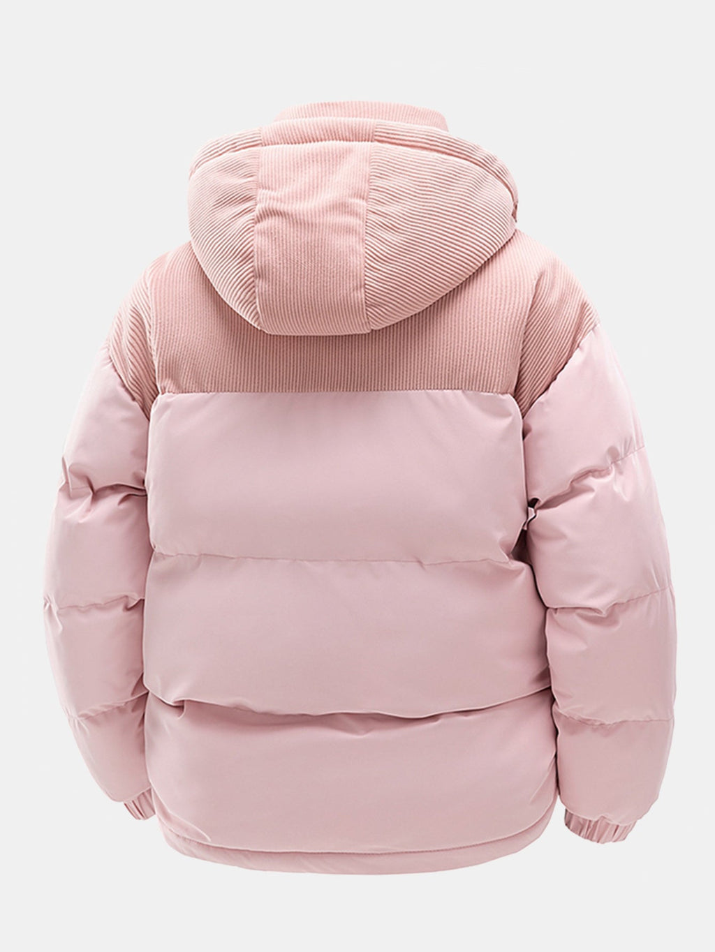 Chaqueta acolchada rosa con capucha y paneles acolchados en la espalda