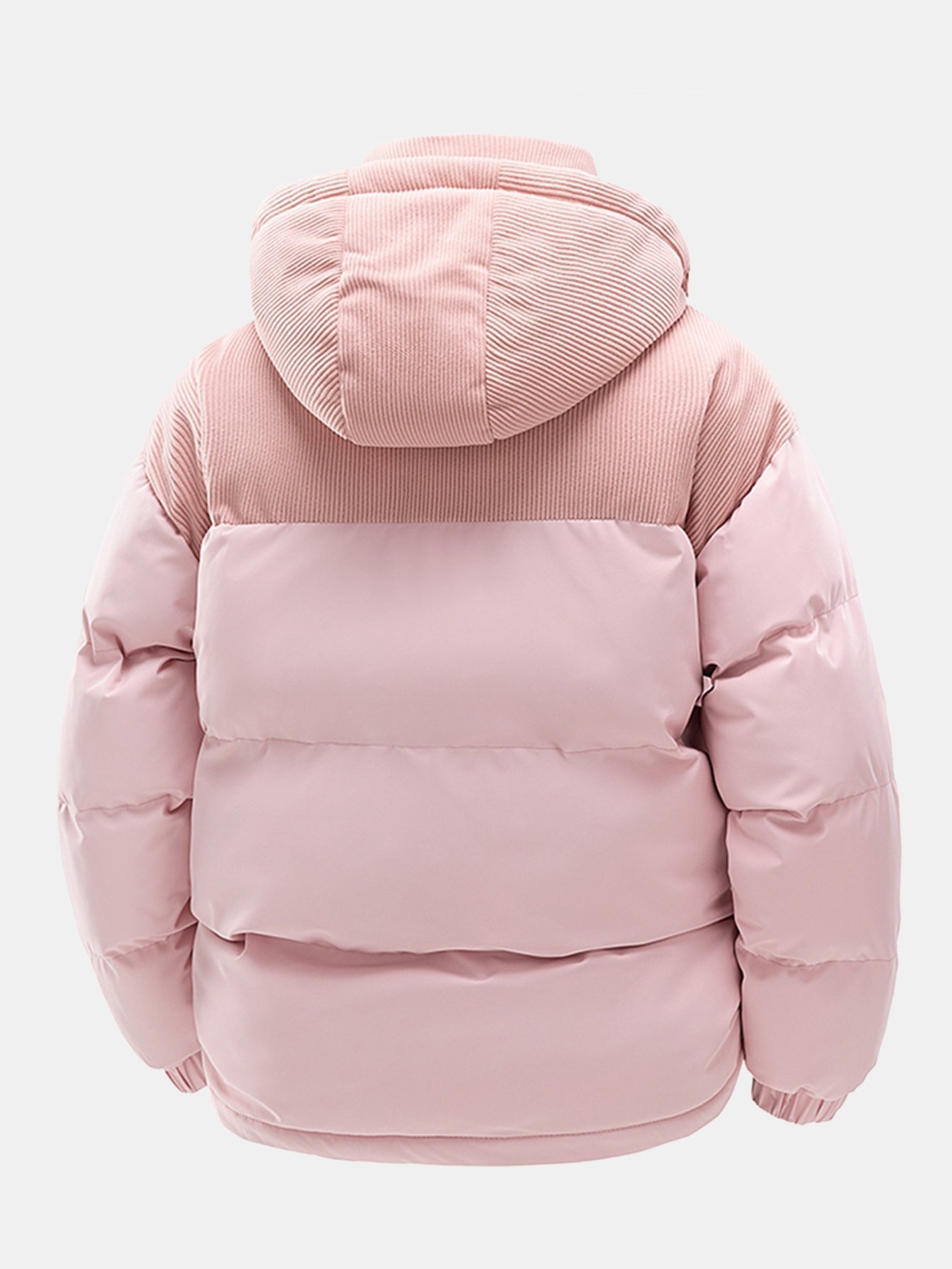 Chaqueta acolchada rosa con capucha y paneles acolchados en la espalda