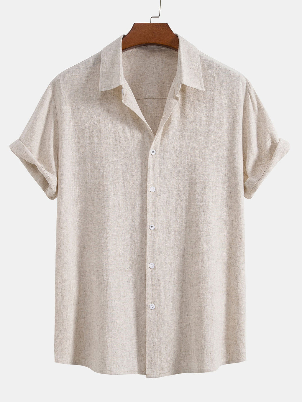 Camisa abotonada beige claro de lino, manga corta, cuello con botones al frente