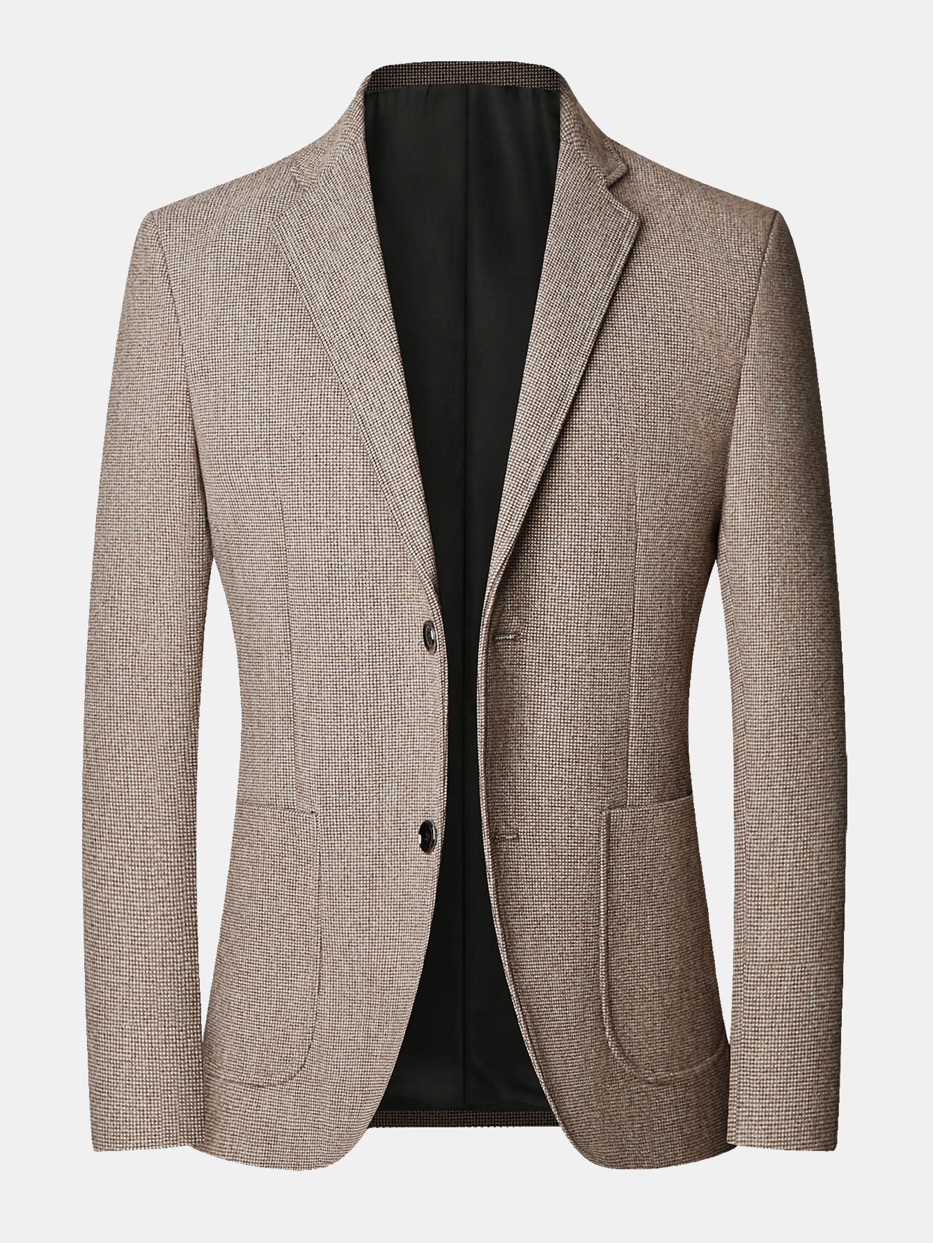 Blazer de cuadro príncipe color tan, solapas de pico y botones negros en el frente