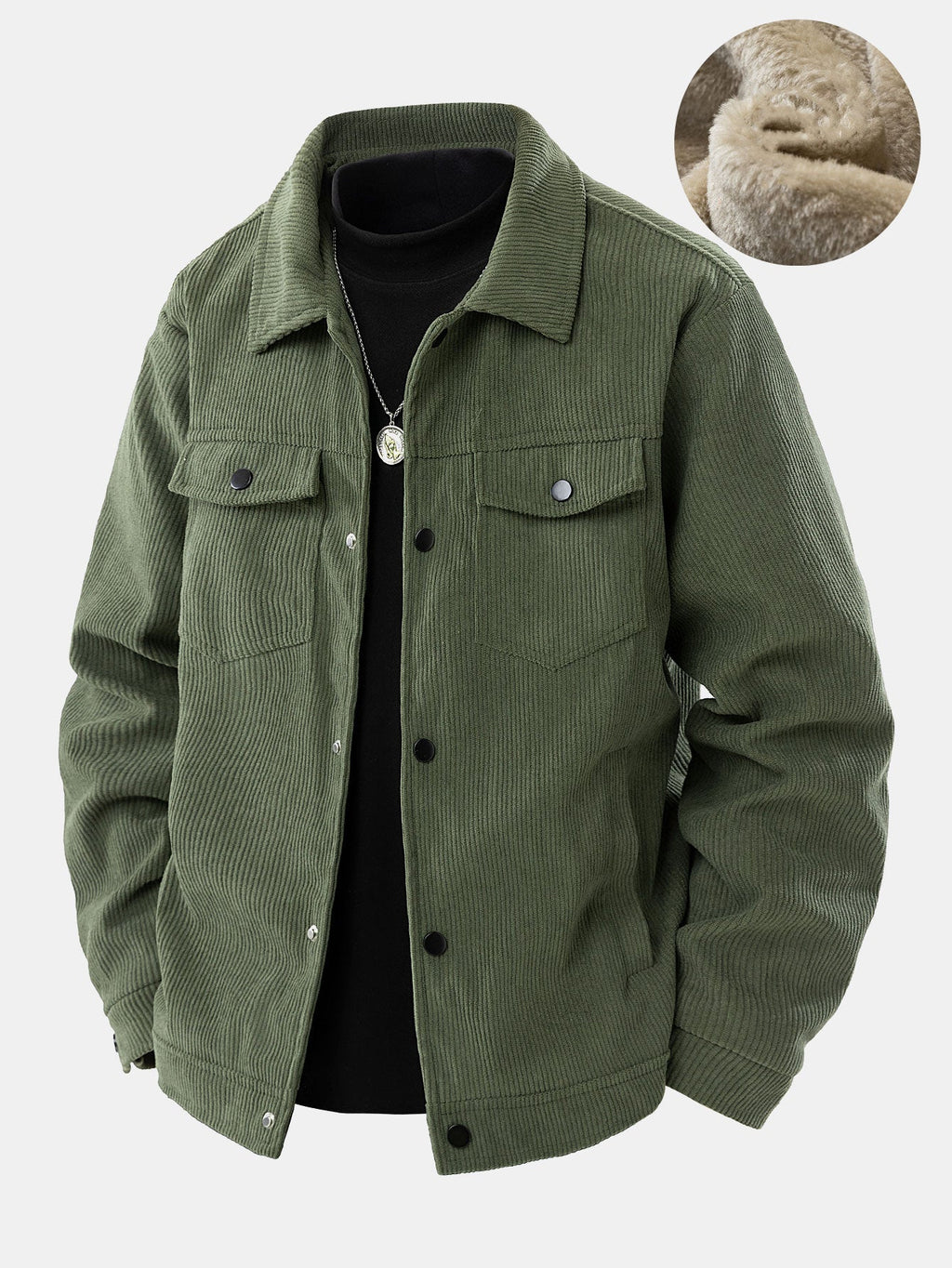 Chaqueta de pana verde oscura con forro tipo teddy beige y cierre frontal con botones.