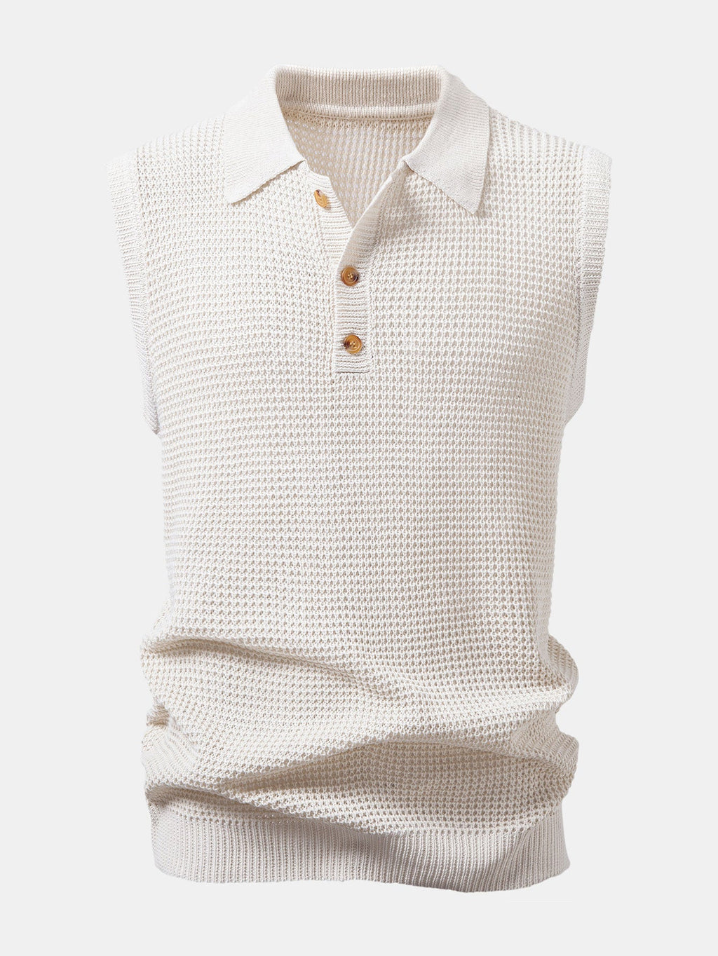 Polo sin mangas crema de punto con cuello camisero y botones delanteros