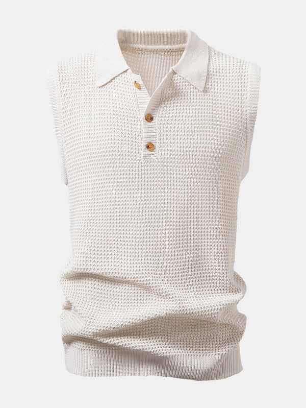 Polo sin mangas crema de punto con cuello camisero y botones delanteros