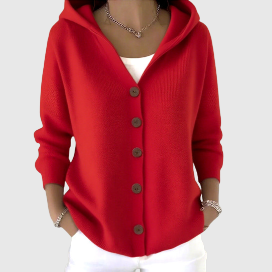 Chaqueta de punto con capucha roja, cuello abierto y botones frontales