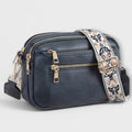 Bolso bandolera retro azul marino con correa estampada floral y bolsillos con cremalleras