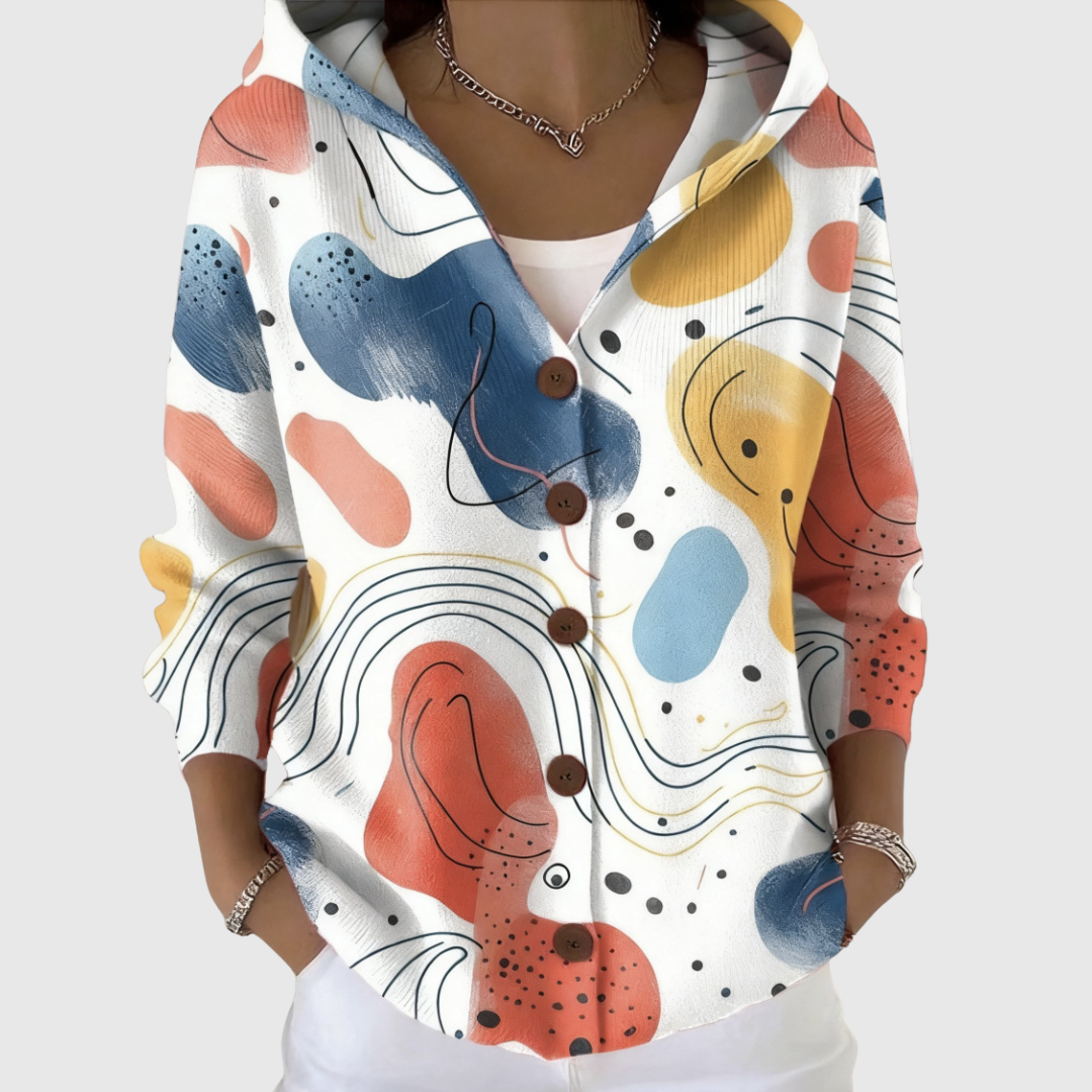 Chaqueta de punto con capucha estampada multicolor y botones frontales