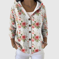 Chaqueta de punto con capucha estampada floral, cierre con botones y bolsillos