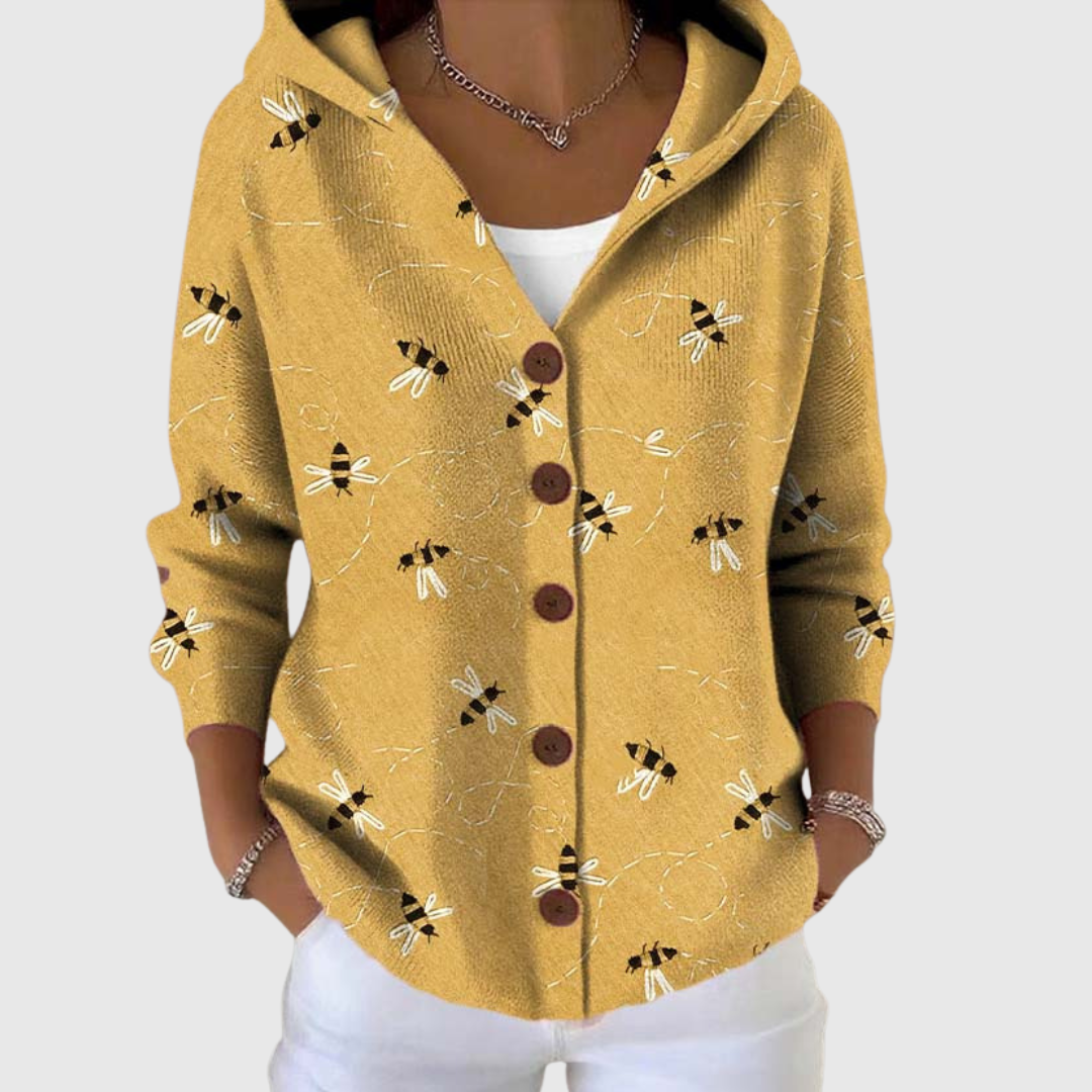 Chaqueta de punto con capucha mostaza, botones frontales y estampado de abejas