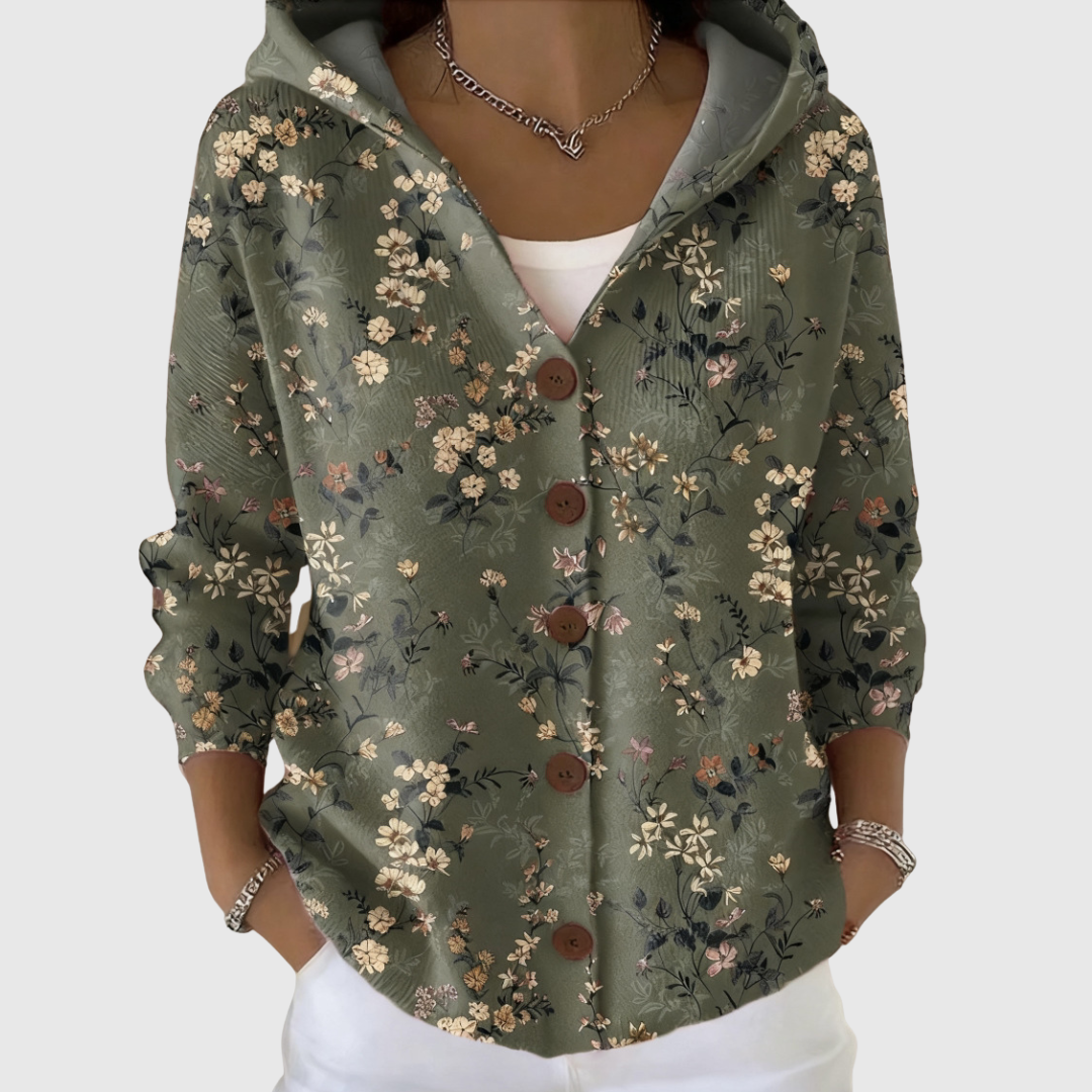 Chaqueta de punto con capucha verde estampada floral y botones