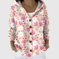 Chaqueta de punto con capucha estampada floral y corazones, cierre con botones