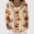Chaqueta de punto con capucha beige y estampado de pavos, botones marrones al frente