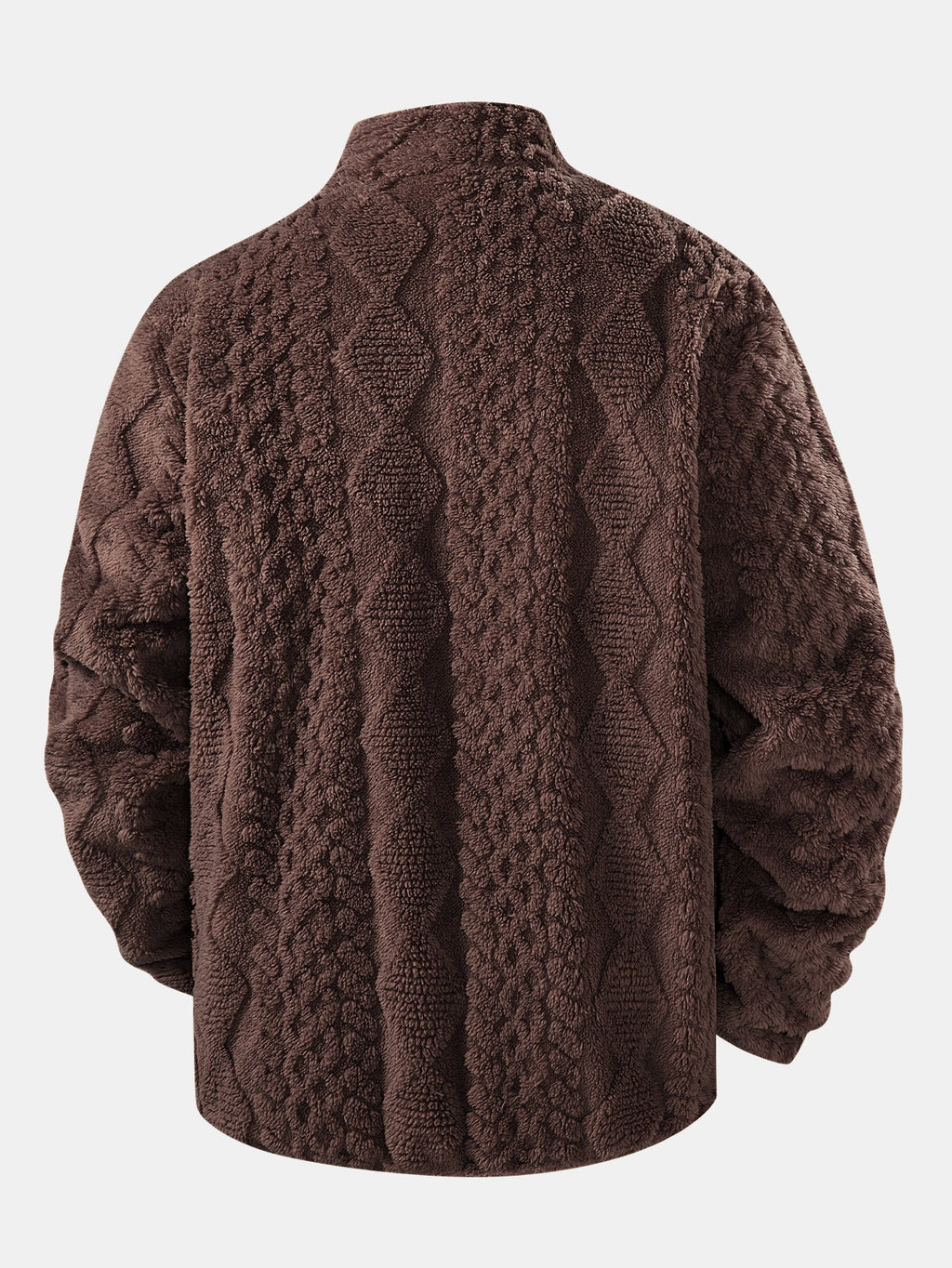 Chaqueta teddy jacquard marrón oscuro, vista trasera con textura trenzada y cuello alto