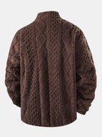 Chaqueta teddy jacquard marrón oscuro, vista trasera con textura trenzada y cuello alto