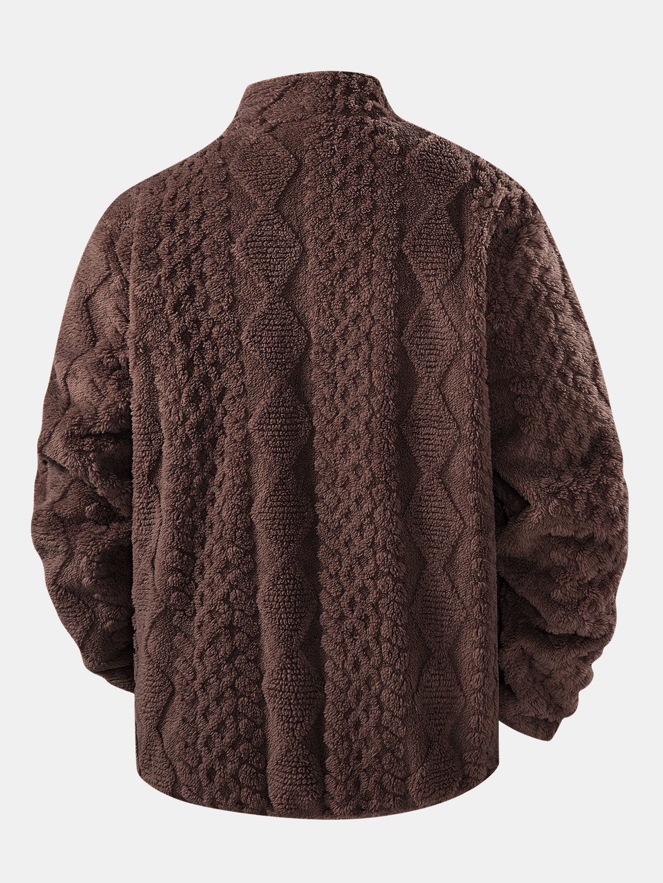 Chaqueta teddy jacquard marrón oscuro, vista trasera con textura trenzada y cuello alto