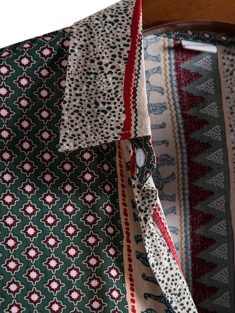 Detalle del cuello y botones de camisa estampada; borde rojo y patrón geométrico.