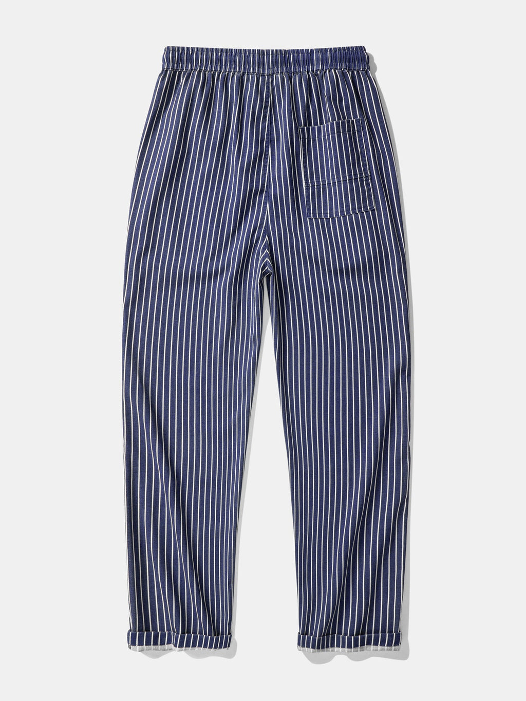 Pantalón recto de lino a rayas navy con bolsillo, cintura elástica y cordón