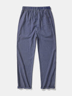 Pantalón recto de lino a rayas navy con bolsillo, cintura elástica y cordón