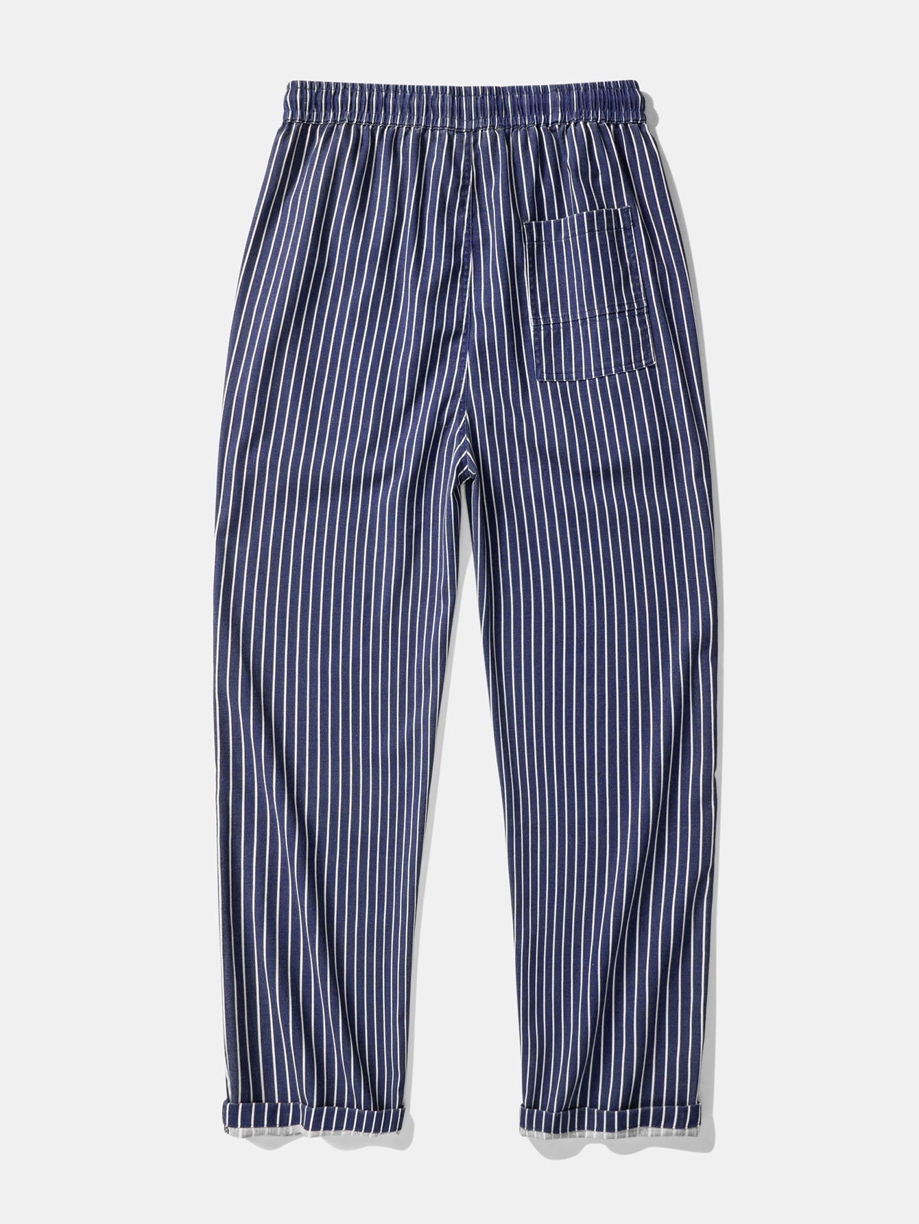Pantalón recto de lino a rayas navy con bolsillo, cintura elástica y cordón