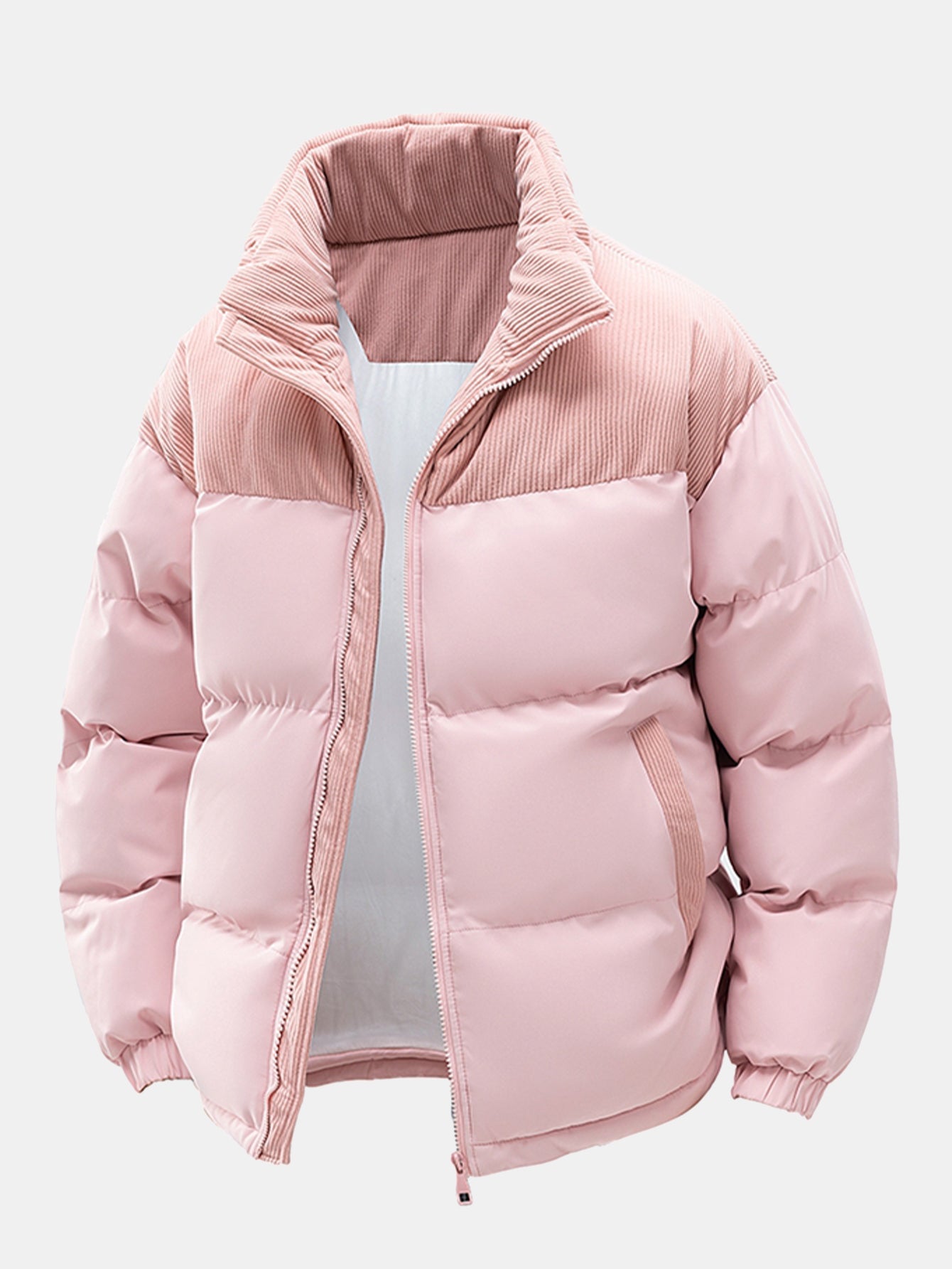Chaqueta acolchada rosa con capucha acanalada, cierre frontal y paneles patchwork