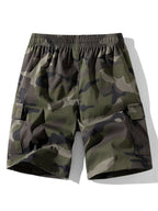 Pantalón corto de camuflaje verde con cintura elástica y bolsillo lateral con costuras visibles