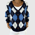 Chaqueta de punto abotonada de manga larga con estampado de rombos azul y blanco