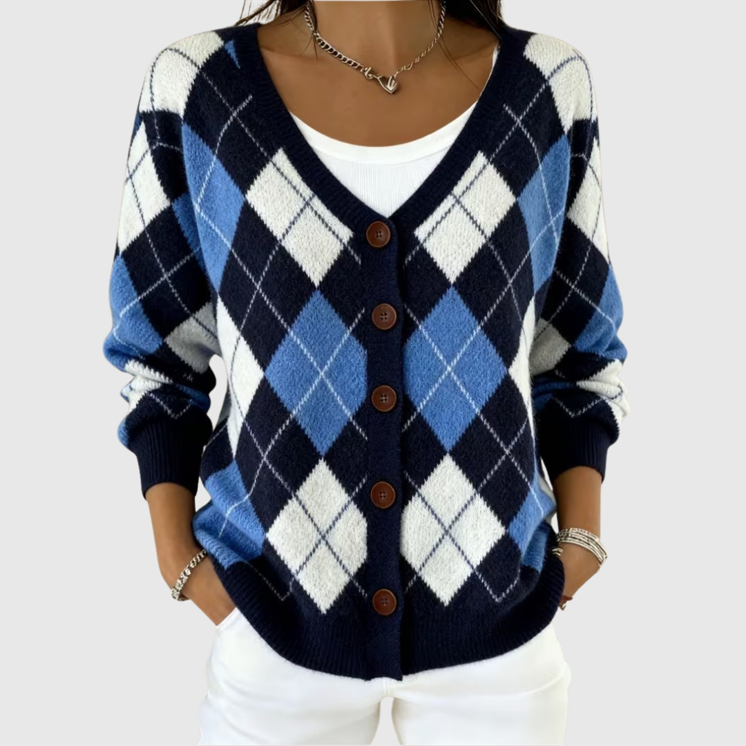 Chaqueta de punto abotonada de manga larga con estampado de rombos azul y blanco