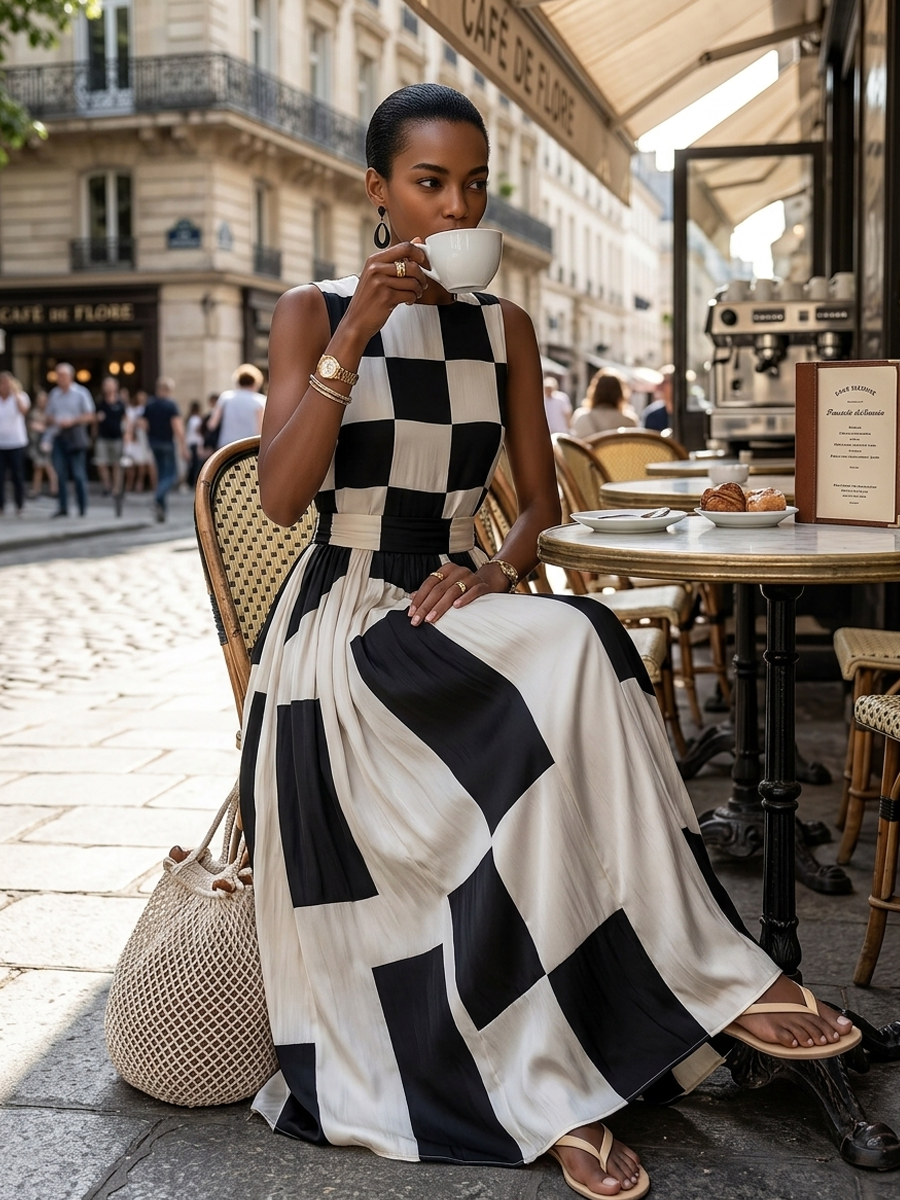 Vestido maxi sin mangas blanco y negro con cuadros, falda larga y cintura ceñida