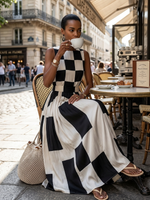 Vestido maxi sin mangas blanco y negro con cuadros, falda larga y cintura ceñida