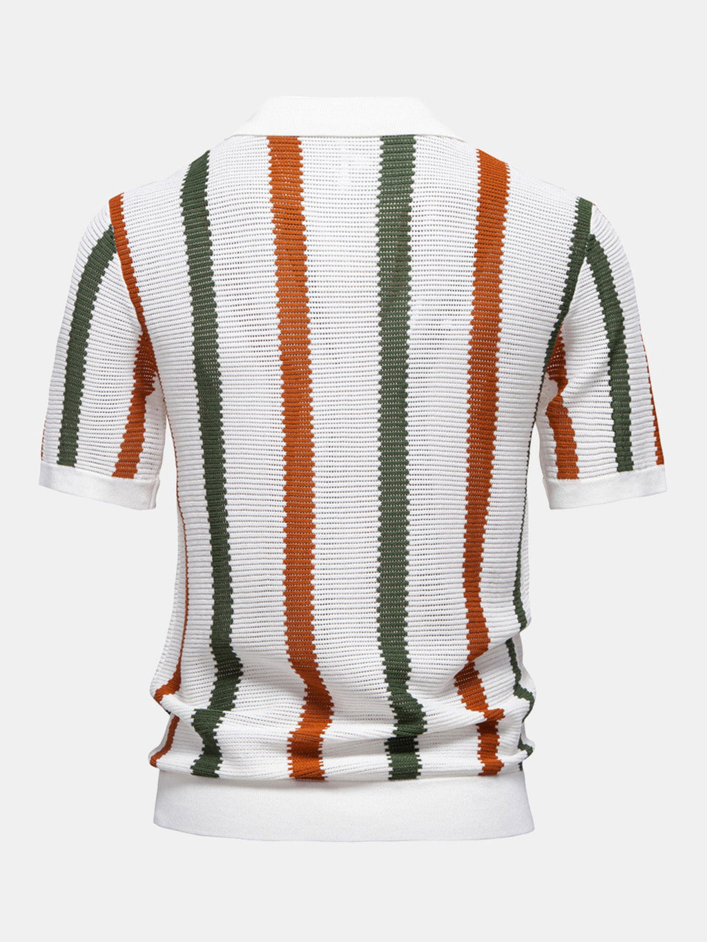 Polo de punto Firenze de espalda, rayas verticales blancas, verdes y naranjas.