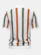 Polo de punto Firenze de espalda, rayas verticales blancas, verdes y naranjas.