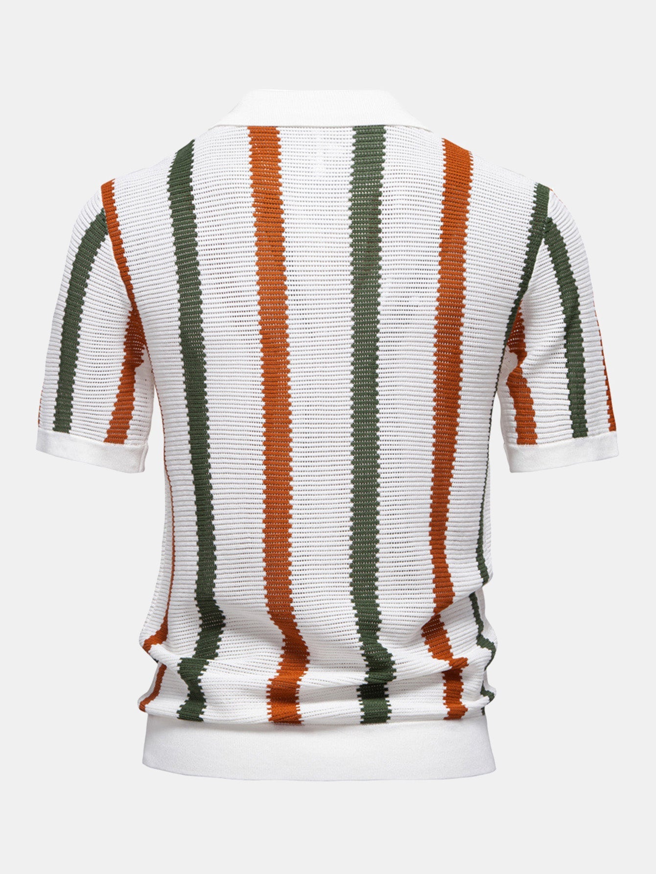 Polo de punto Firenze de espalda, rayas verticales blancas, verdes y naranjas.