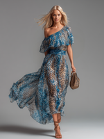 Vestido largo azul estampado leopardo con cintura fruncida y falda vaporosa