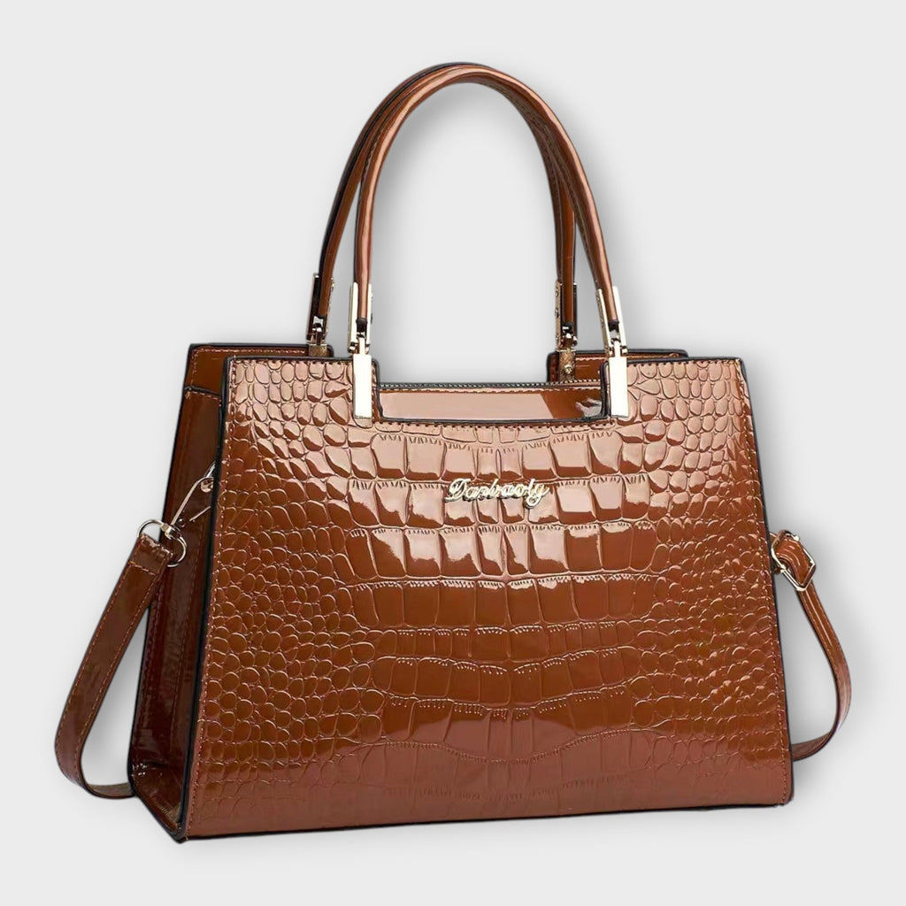 Bolso de piel efecto cocodrilo marrón con asas superiores y bandolera