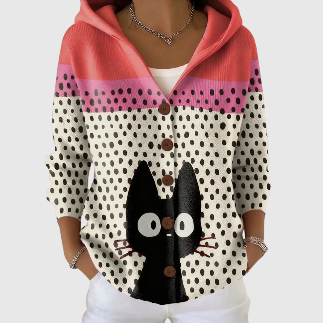 Chaqueta de punto con capucha, estampado de lunares y panel coral, botones